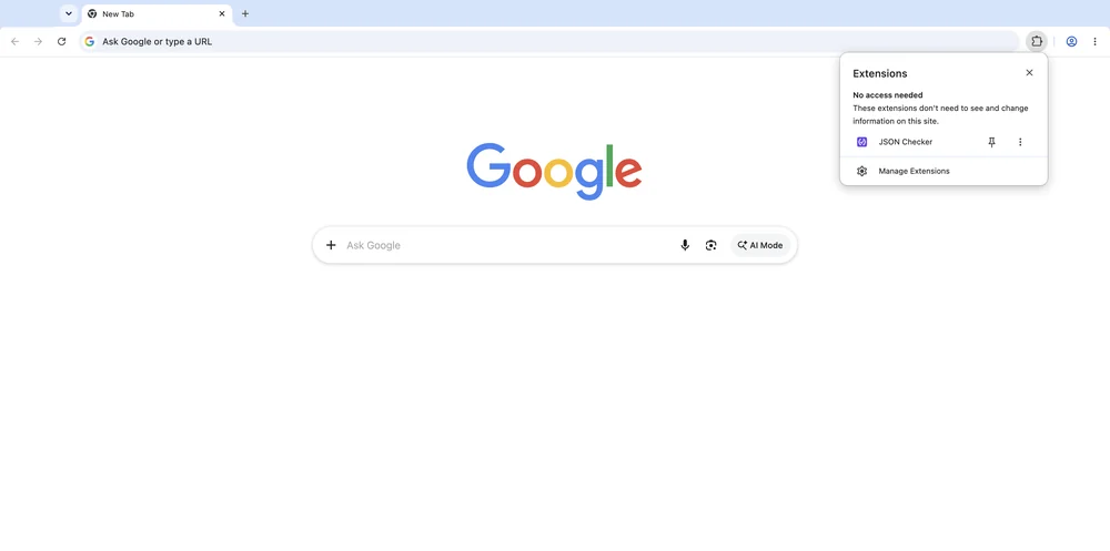 The Chrome extensions menu is open and JSON Checker is listed with a pin button next to its name.